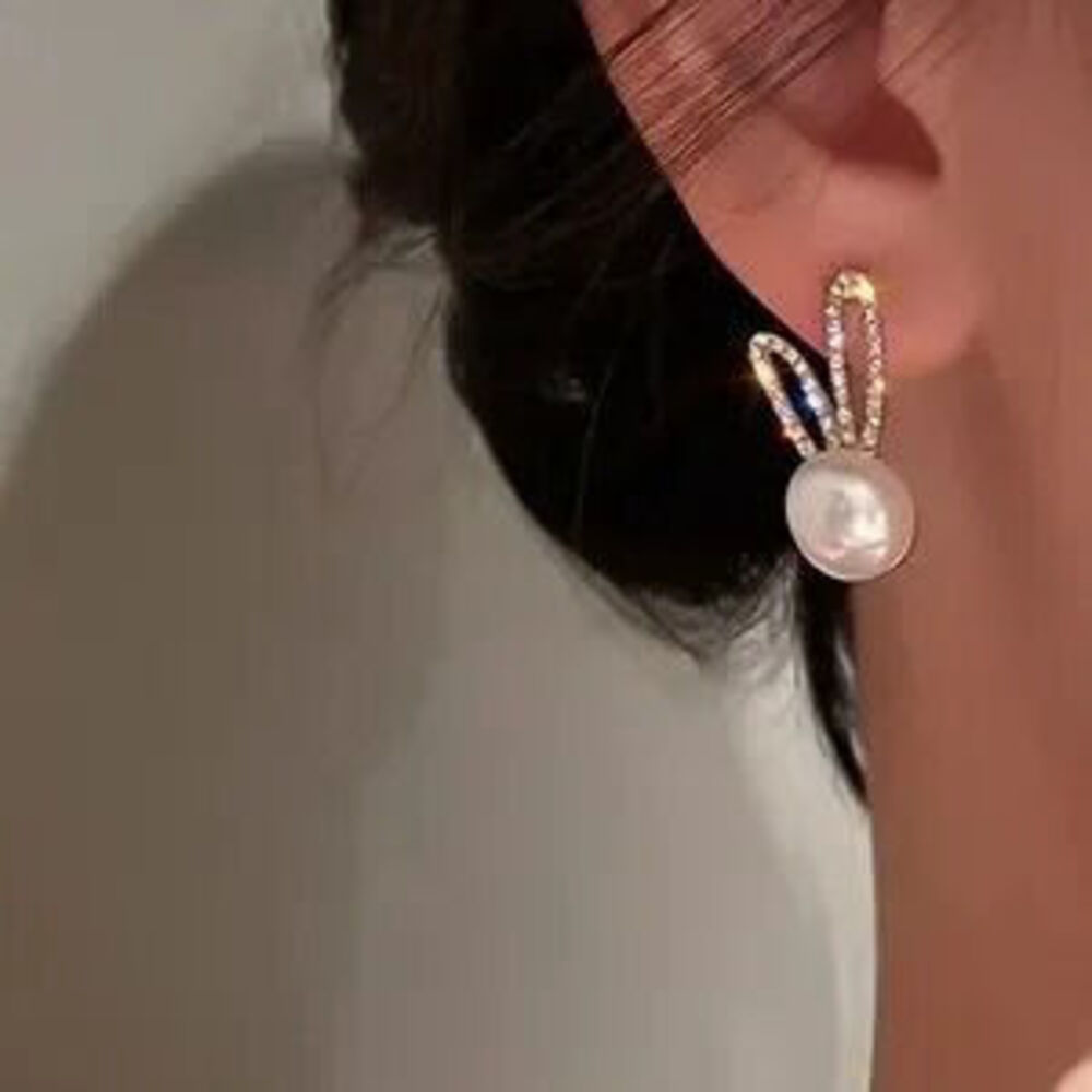 NEW Elegant Bunny Large Pearl Gold 18k Sterling Silver 925 Diamond Earrings - Picture 2 of 4